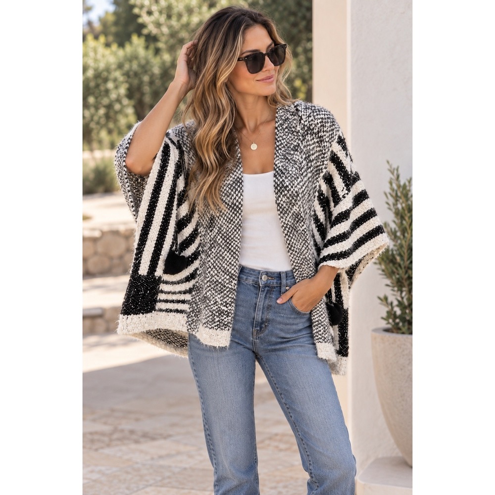 Francesca's Women Cardigan Poncho Hooded Eyelash Knit Black White Geometric OS